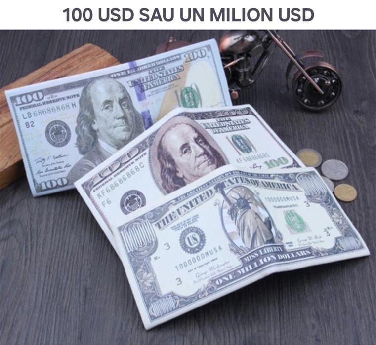 Portofele tip bancnote: 100USD/ UN MILION USD/TRUMP. Super încăpătoare