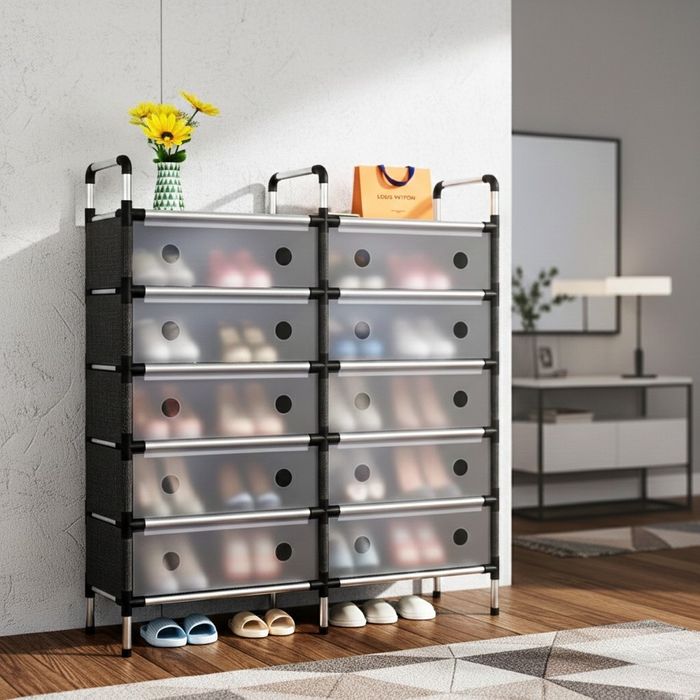 Многоетажен шкаф за обувки с прозоречни врати и голям капацитет