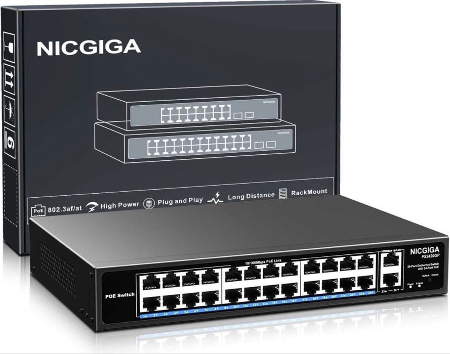 Switch retea ethernet PoE NICGIGA FS2420GP 24 port neadministrat PoE+ / 400W,2 port Gigabit Uplink mod VLAN montare în rack de 19 inch plug and play