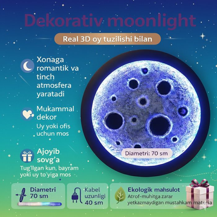 Dekorativ Moonlight devor chirog‘i 70 sm –  zamonaviy interyer uchun