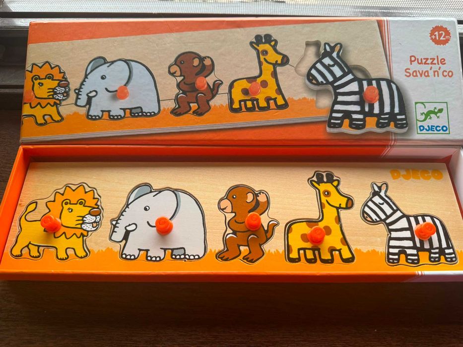 Puzzle lemn Djeco Sava’n’co cu animale, 5 piese cu buton, +12 luni, nou