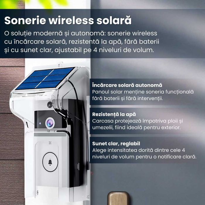 Sonerie Video Wireless Smart cu Camera HD, Panou Solar si Carcasa Protectie WiFi Detectie Miscare, Notificari, Night Vision, Water Resist, 38 Tonuri