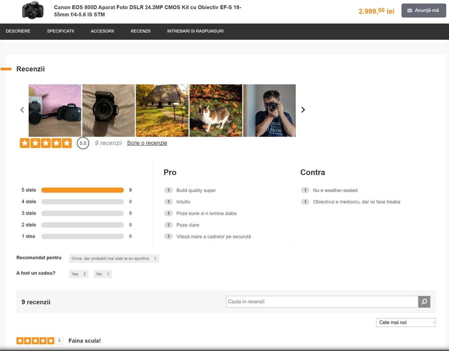 Kit CANON 800D cu WiFi si TouchScreen, impecabil
