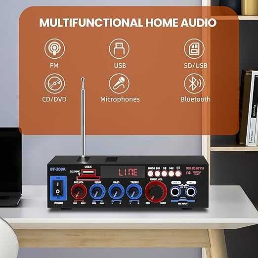 Мини Bluetooth усилвател, стерео с миксер с  карта и вход за микрофон