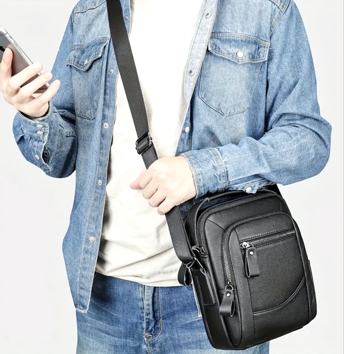 Мъжка обемна кожена чанта/Елегантна от черна естест. кожа -10%Промоция