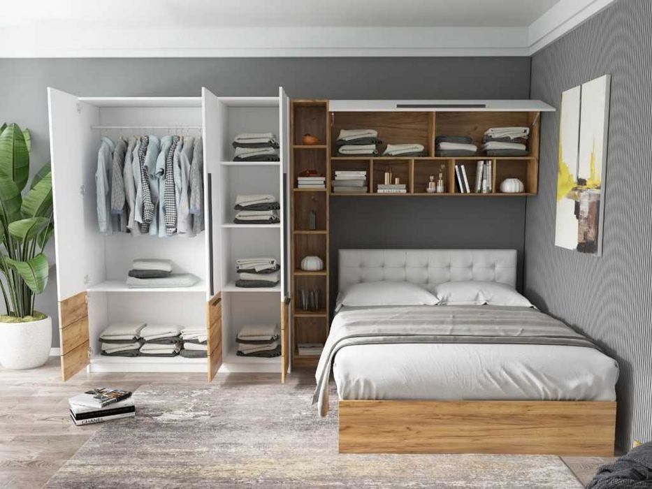 Set Dormitor Timea 3.33m cu pat tapitat Alb incadrat