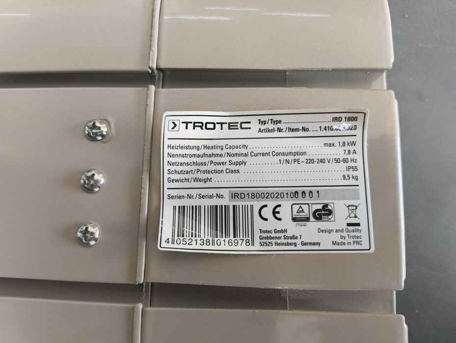 Инфрачервен отоплител, печка Trotec IRD 1800 – като нов с дистанционно