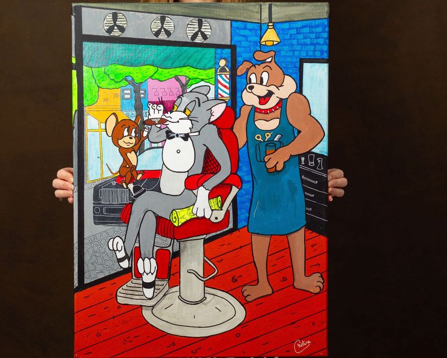 Tablou unicat Tom si Jerry cu Spike, canvas pe sasiu, 50x70 cm, piesa decorativa pentru o frizerie, barbershop sau orice alt spațiu modern