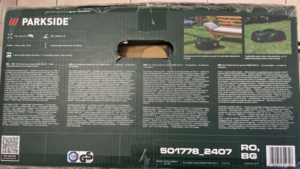 Robot tuns gazon pe acumulatori Parkside PAMR 500 (modelul nou)- garantie Mar 2029