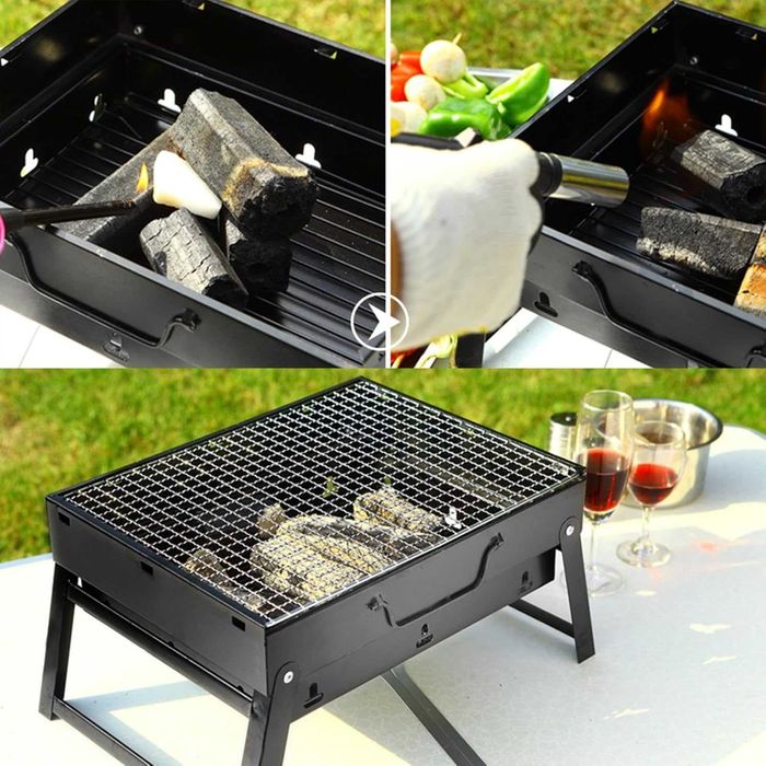Скара на дървени въглища, BBQ 35x26x20cm, Черна сгъваема преносима