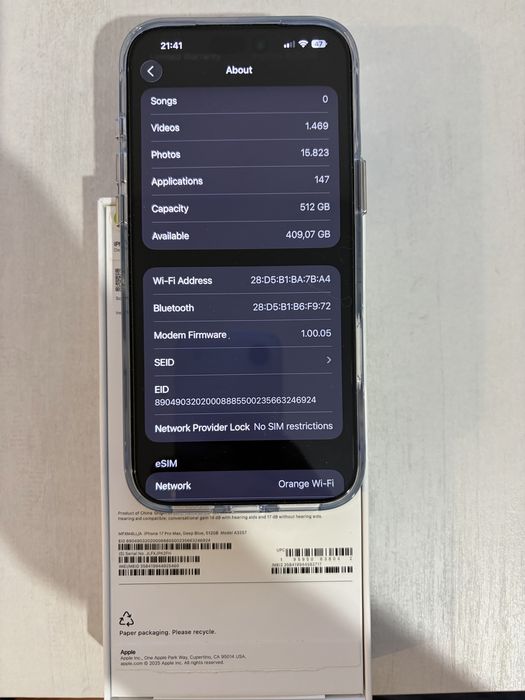 Iphone 17 promax Deep Blue 512 gb US