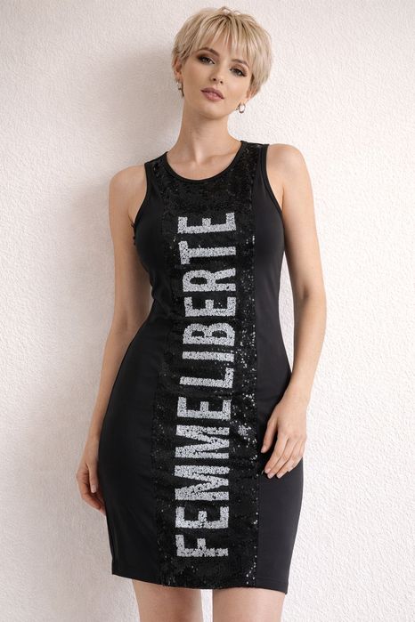Черна рокля с пайети и надпис – елегантен модел