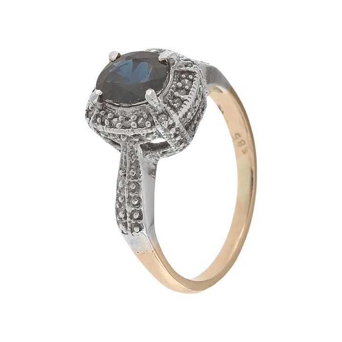 Inel din aur galben de 14k si argint, cu safir natural si diamante
