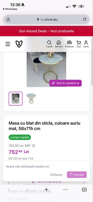 Vand masuta de cafea cadru auriu blat marmurat