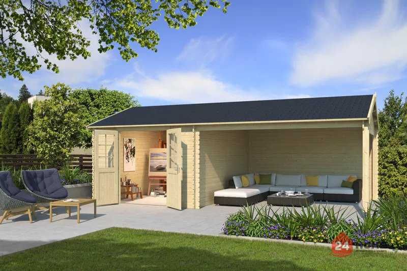 Градинска дървена къща с навес за BBQ El Paso 6.8х3.8м, 28 мм Смърч