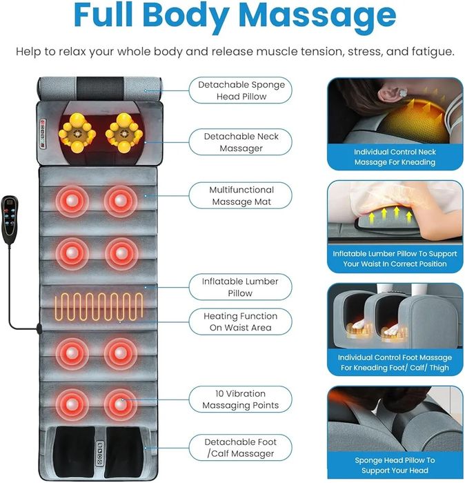Подвижна !Масажна постелка за цяло тяло с10 вибрационни мотора,