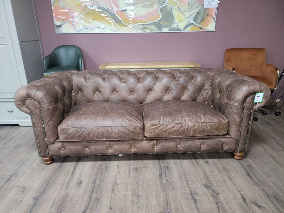 Антично кафяв кожен комплект тройка и двойка Честърфийлд