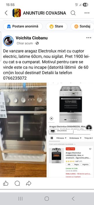 De vanzare aragaz Electrolux mixt cu cuptor electric, latime 60cm, nou sigilat. Pret 1900 lei- cu cat s-a cumparat..