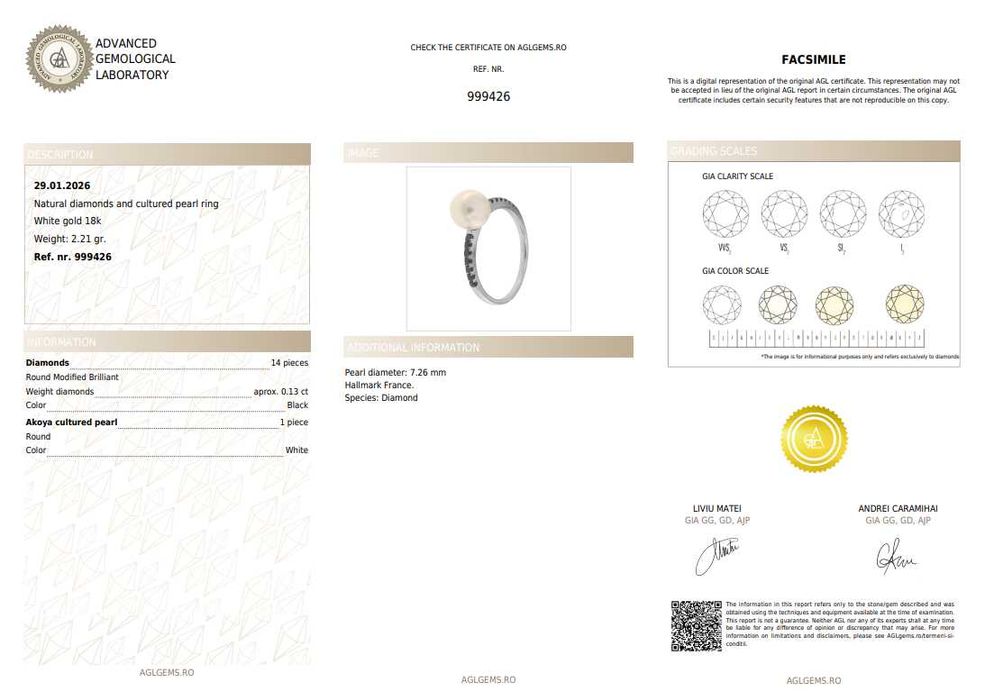 Inel din aur alb, decorat cu perlă Akoya și diamante negre