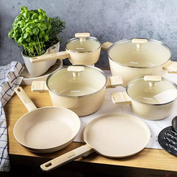 Set 4 oale si 2 tigai cu strat antiaderent, bej, 12 piese, capac