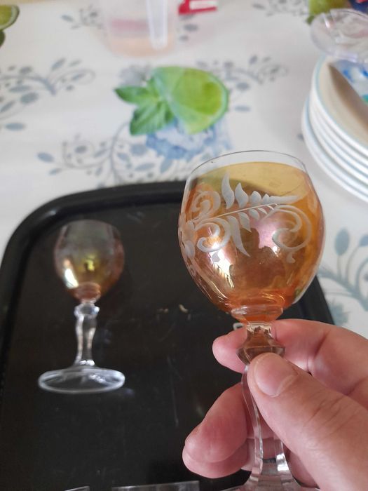 SET Pahare Cristal Sampanie Baccarat oranj aperitiv sticla veche alba digestiv sfesnic