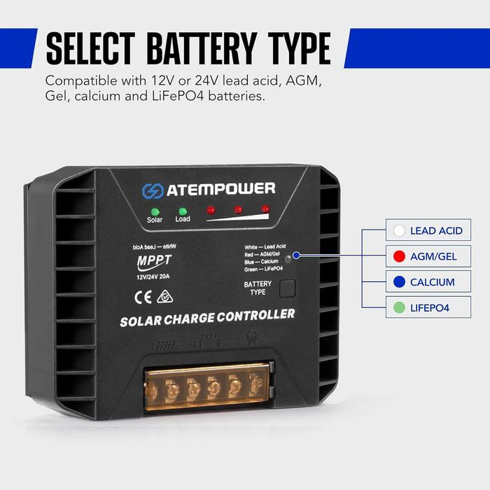 Controller Solar MPPT ATEM POWER 20A - 12V/24V - LiFePO4/AGM/Gel - Nou