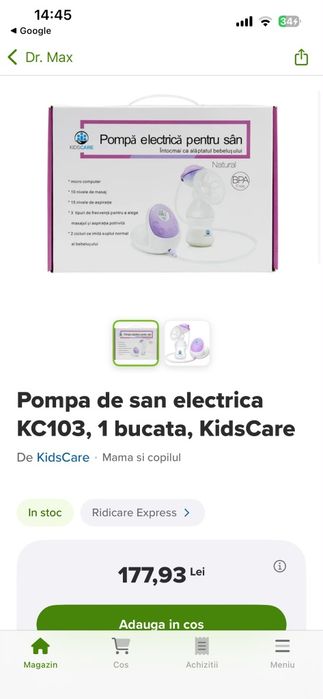 Pompa de san electrica cu acumulator,kidscare, kc 130 plus  60 min, folosita doar la spital, pt viitoare mamici de bebe