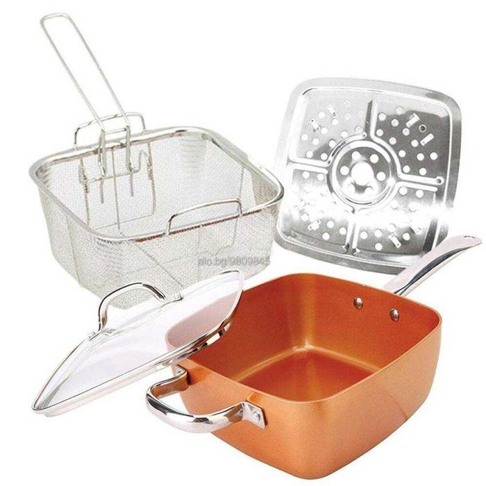Нов дълбок меден тиган Copper Pan Комплект 6 в 1, Незалепващо Cerami-Tech покритие, Индукционно дъно, Стъклен капак, Кошница, Тава за готвене на пара