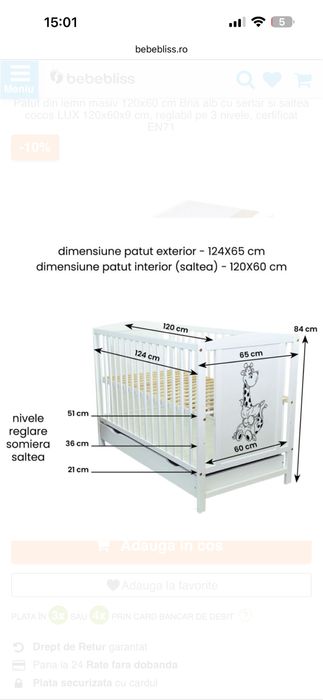 Vand -Pătuț multifuncțional MAMO-TATO – Giraffe White + saltea cocos