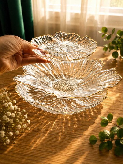 Set platouri sticlă floare cu margini aurii