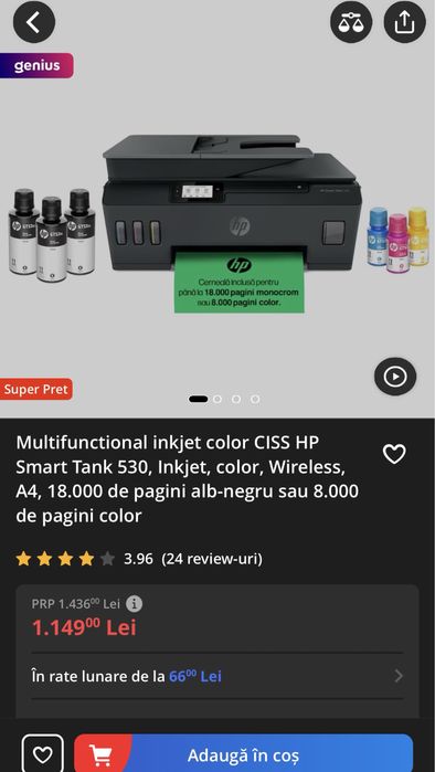 Vând imprimantă Hp smart tank 530 CISS, ADF, DUPLEX MANUAL