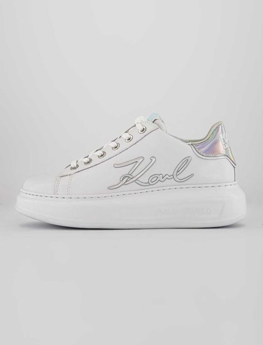 Karl Lagerfeld - Кожени спортни обувки с метално лого, Бял, Сребрист