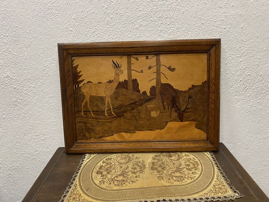 Винтидж дървена маркетерия картина елени Западна Европа 1950-те