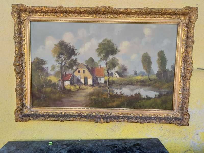 Tablou pictura pe panza semnat rama din lemn deosebita vintage