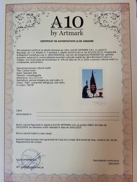 Cromolitografie originala semnata Salvator Dali cu certificat