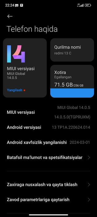 Redmi 13C karoʻpka dakumenti bilan