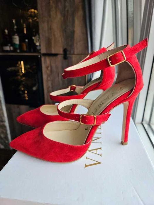 Pantofi Stiletto cu toc subtire 10cm Dora, piele naturala intoarsa, rosu