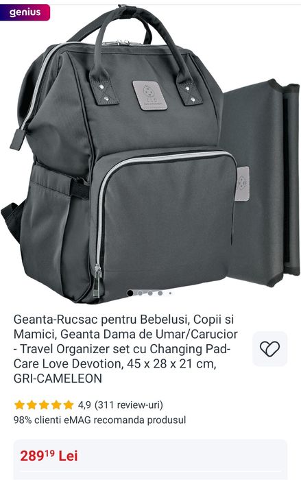 Geanta-Rucsac Bebelusi/Copii cu Changing Pad, Care Love Devotion, Gri