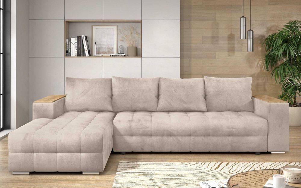 Colțar extensibil Napoli, bej, cu ladă + etajeră, 298 cm – stare foarte bună