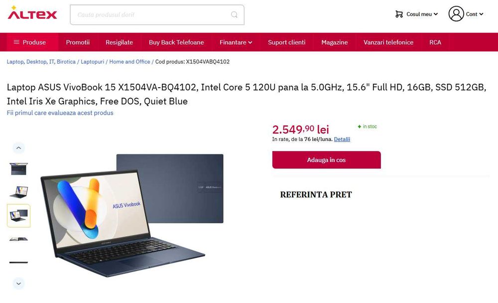 Laptop ASUS Vivobook 15 X1504VA, Intel Core 5 120U pana la 5.0GHz, 15.6'', Full HD, IPS, 16GB DDR5 RAM, 512GB SSD, Intel® Graphics, No OS,  NOU