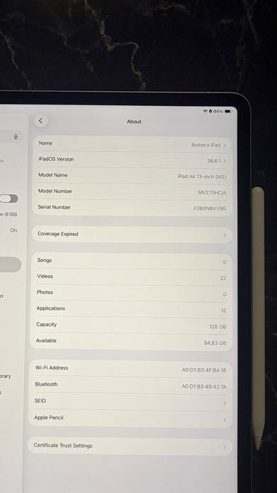 iPad Air 13 M2 128GB + Apple Pencil Pro, baterie 100%, factura