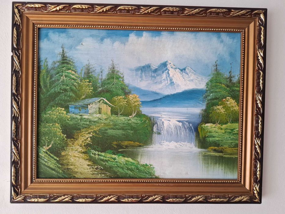 Tablou acrylic pe panza - Peisaj de munte cu cabana si cascada