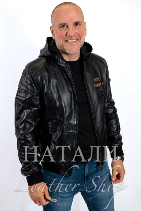 Кожен бомбър Александър с качулка