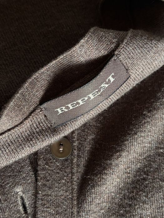 Repeat, cardigan lung, maro, din bumbac, mătase și lână