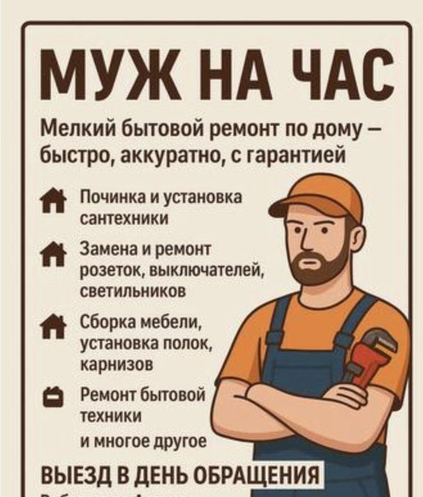 Мастер на час, муж на час, сантехник, электрик