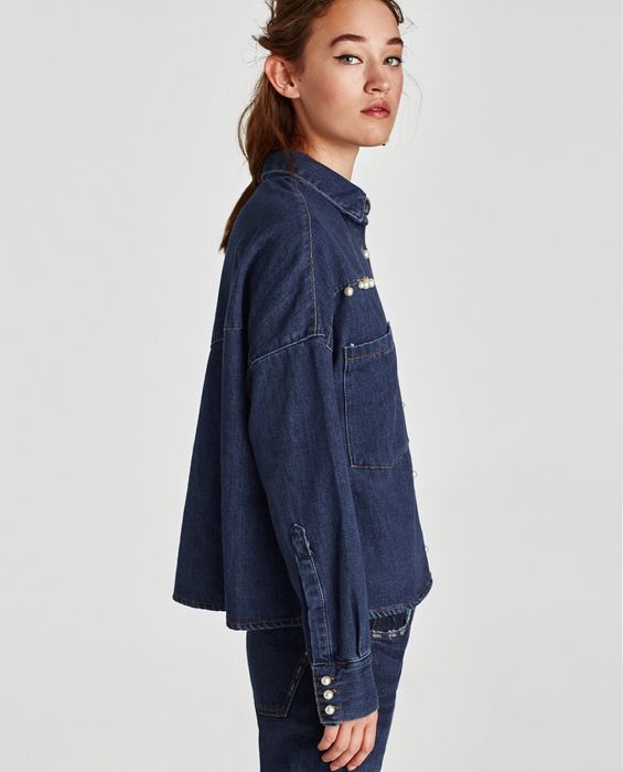 Zara дънкова риза с копчета перли