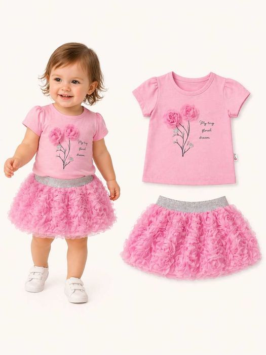 Детски комплект за момиче с тюлена пола с 3D рози и памучна блузка