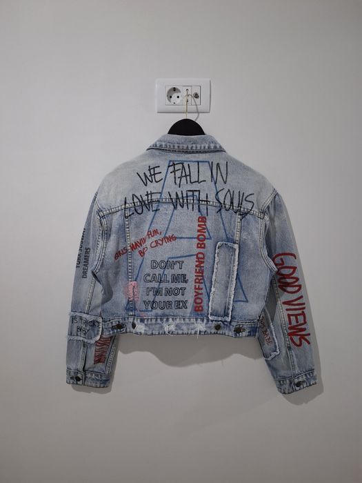 Geaca din denim Pull&Bear cu imprimeu pentru dama, mărimea M, jacheta de blugi din bumbac