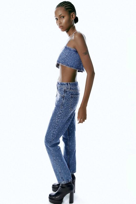 Дънков топ с камъни Zara, XS-S