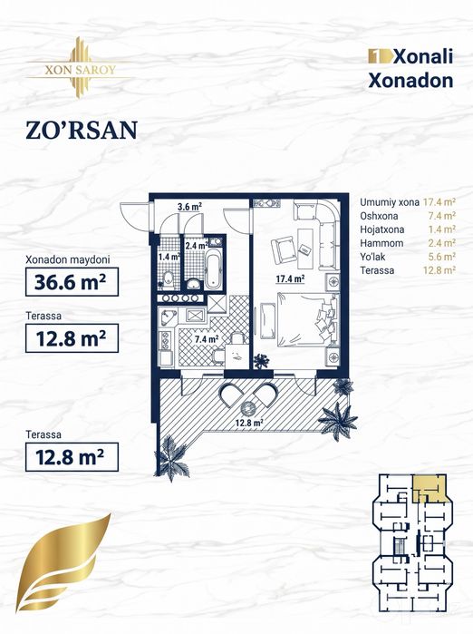 Srochno! Yunusobod 9-kvartal | Xon Saroy "Zo'rsan" majmuasi 1 xona, 48